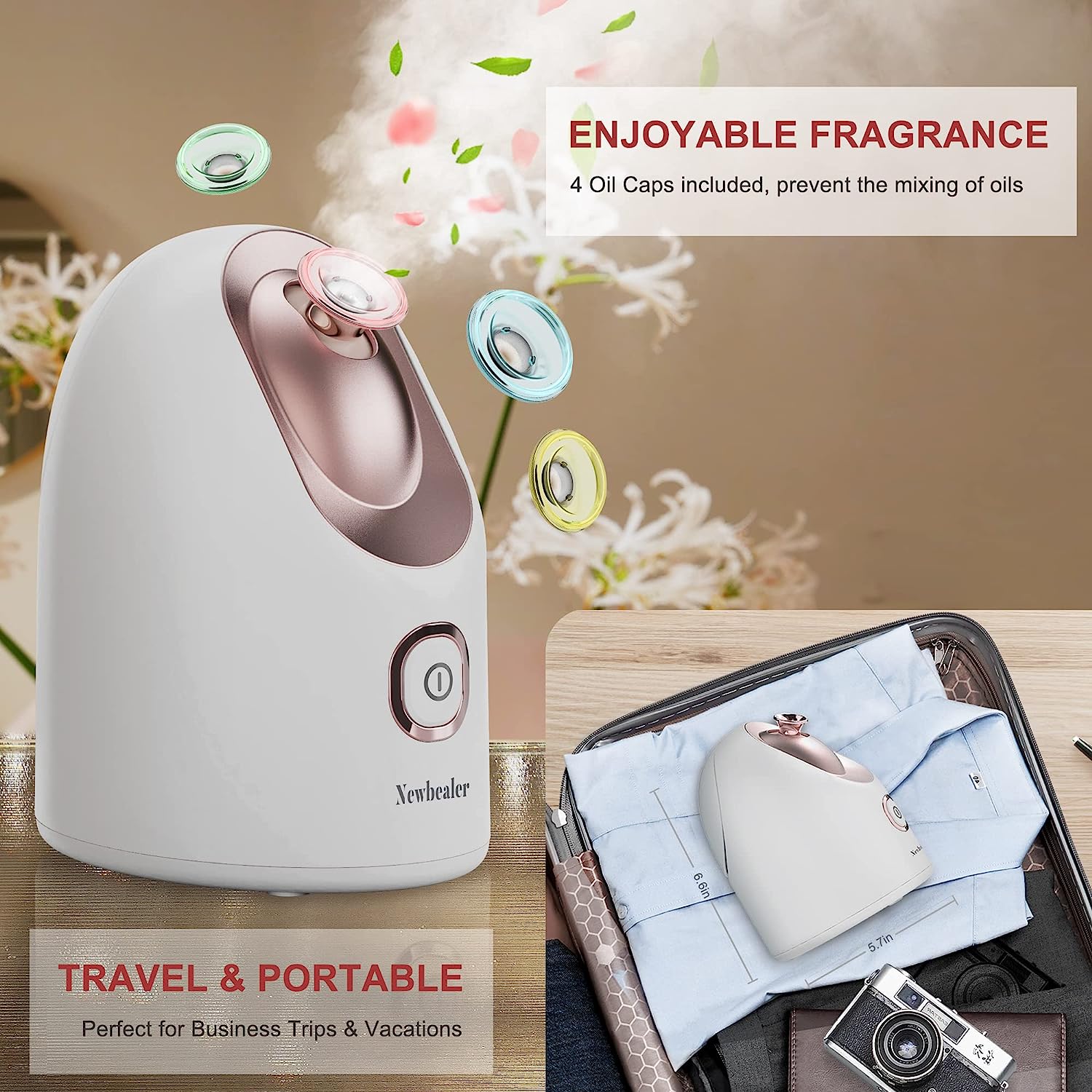 Newbealer Mini Aroma Face Steamer, 160ml Nano Ionic Hot Mist Facial Humidifier Atomizer, Home Sauna Spa Sprayer Moisturizing Cleansing Pores, 9 Pieces Acne Remover Kit Included, Pink-Gold - Image 4